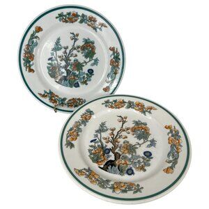 Vintage Syracuse & Shenango China Floral Plates Set Of 2 Orange & Green 9" Dinne